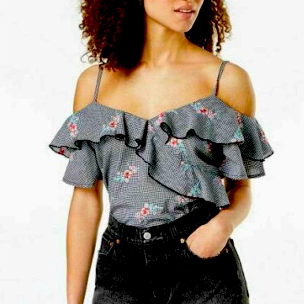 Gypsies & Moondust Juniors Blouse Ruffled Black White Gingham Off Shoulder